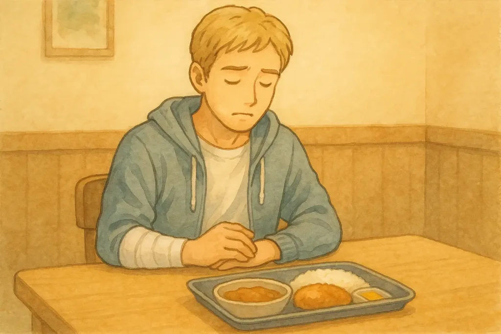 外食続きでお腹の調子が気になり、左手で胃を押さえるはると。右手は骨折でギプス固定され、何も持たずに体の側に添えている。