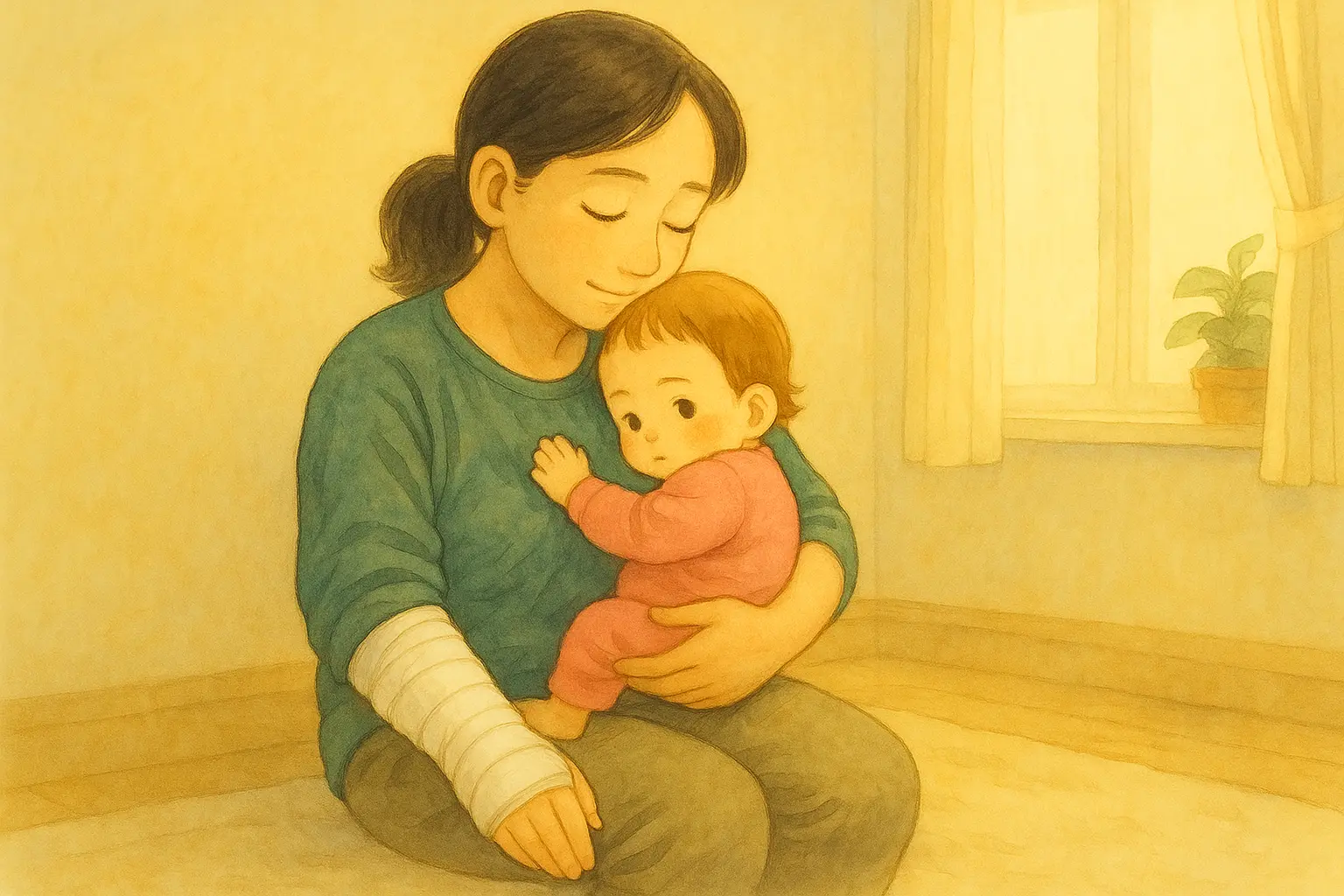 利き手を骨折して右腕をギプスで固定したしおりが、朝の光の差し込む部屋でみいちゃんを左腕でそっと抱き寄せ、静かに目を閉じて気持ちを整えている様子