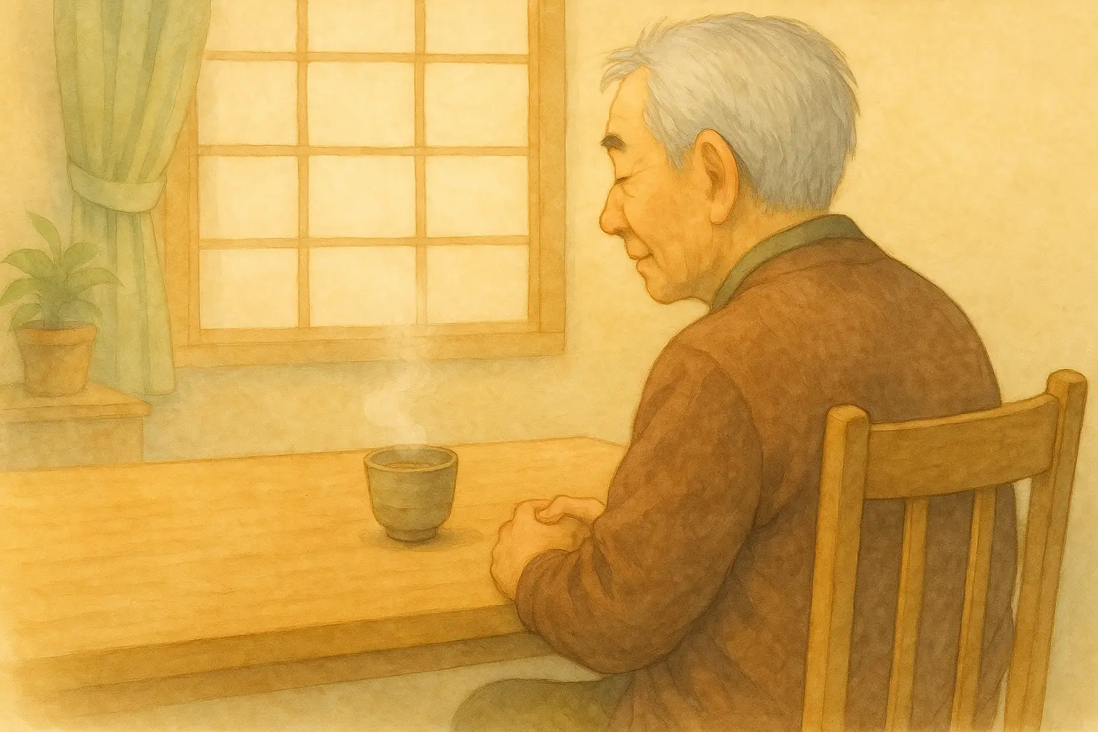 右手を骨折したしげるが、夕食後の湯気の立つお茶を前にそっと目を閉じて休む様子