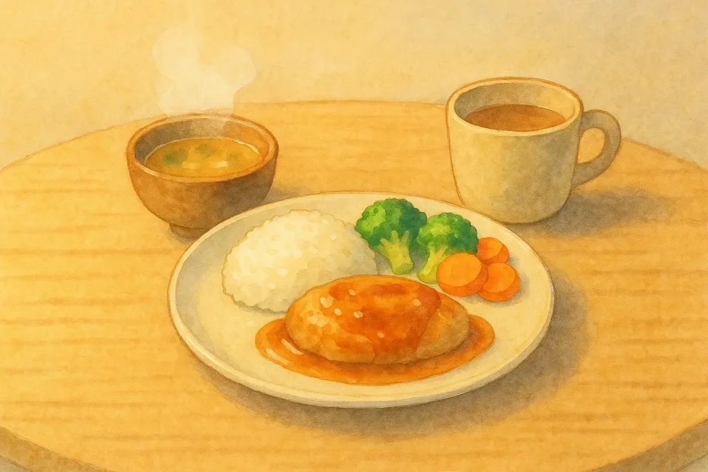 木のテーブルの上に、ご飯とおかずと野菜がのったワンプレートと、湯気の立つスープと飲み物だけが並んでいる水彩タッチのイラスト。