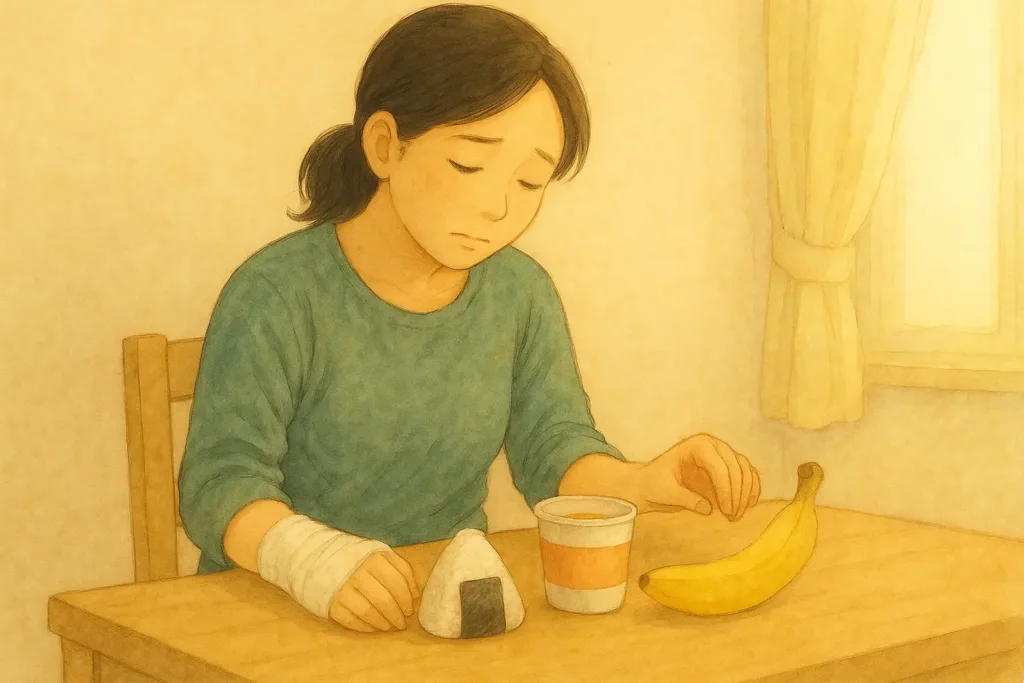 右手をギプスで固定したしおりが、テーブルに並んだおにぎり・カップスープ・バナナを見つめ、左手だけでバナナにそっと手を伸ばしている様子。