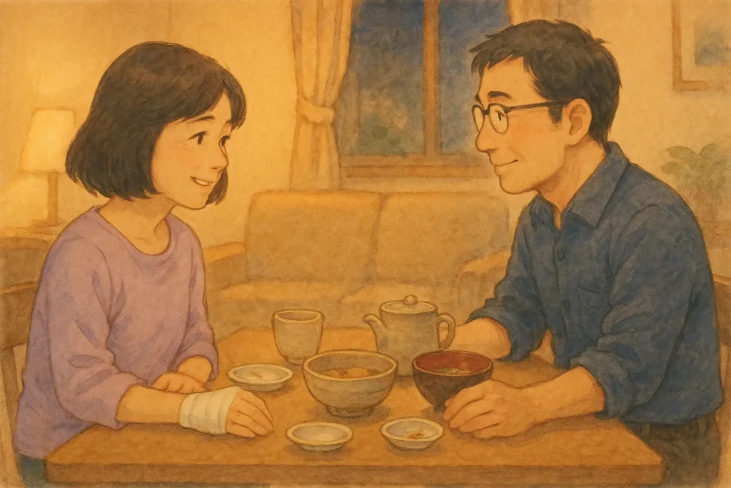 夕食を終えた後、まりとまことが向かい合って座り、静かに今日を振り返る穏やかな時間。テーブルには片づけ途中の小皿や湯気の消えた味噌汁が残り、まりはやわらかく微笑み、まことは安心させるようにうなずいている。右手を包帯で固定したまりの手は膝の上で休んでいる。