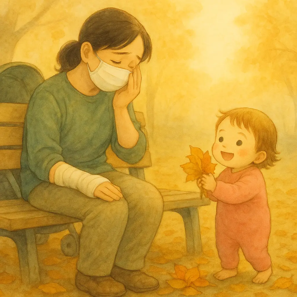 秋の公園のベンチで、右手をギプスで固定したしおりが、左手で目元の涙をそっとぬぐいながら、落ち葉を拾って笑うみいちゃんを見つめている様子。