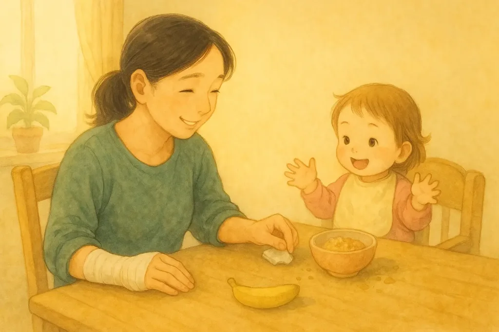 ギプスで固定した片方の手をテーブルの端にそっと置き、もう片方の手にタオルを持ったしおりが、両手を広げてごはんを待つみいちゃんをやさしく見守っている朝ごはんのシーン。