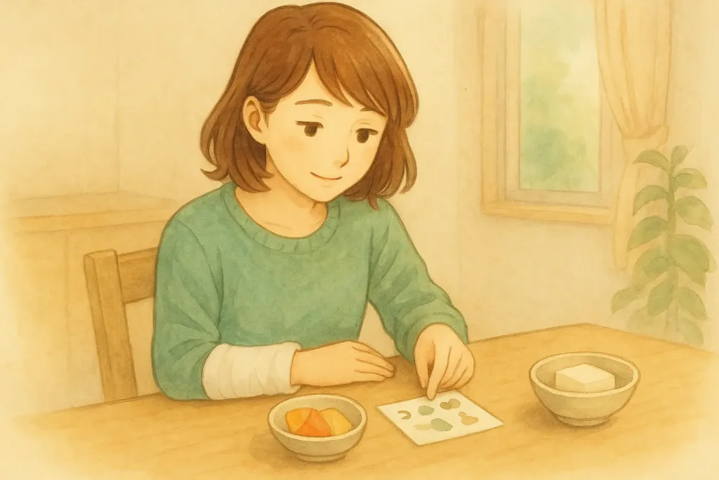 右手を固定したあかりが、左手で栄養メモをそっと指しながら「これなら続けられそう」と安心した表情を浮かべている watercolor 風のイラスト。