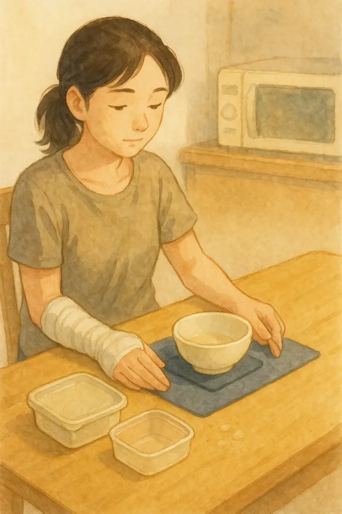 すべり止めマットの上に深めのボウルやフタ付き容器を並べ、左手だけで位置を整えるしおり。右手はギプスで固定され、テーブルの端で休んでいる。