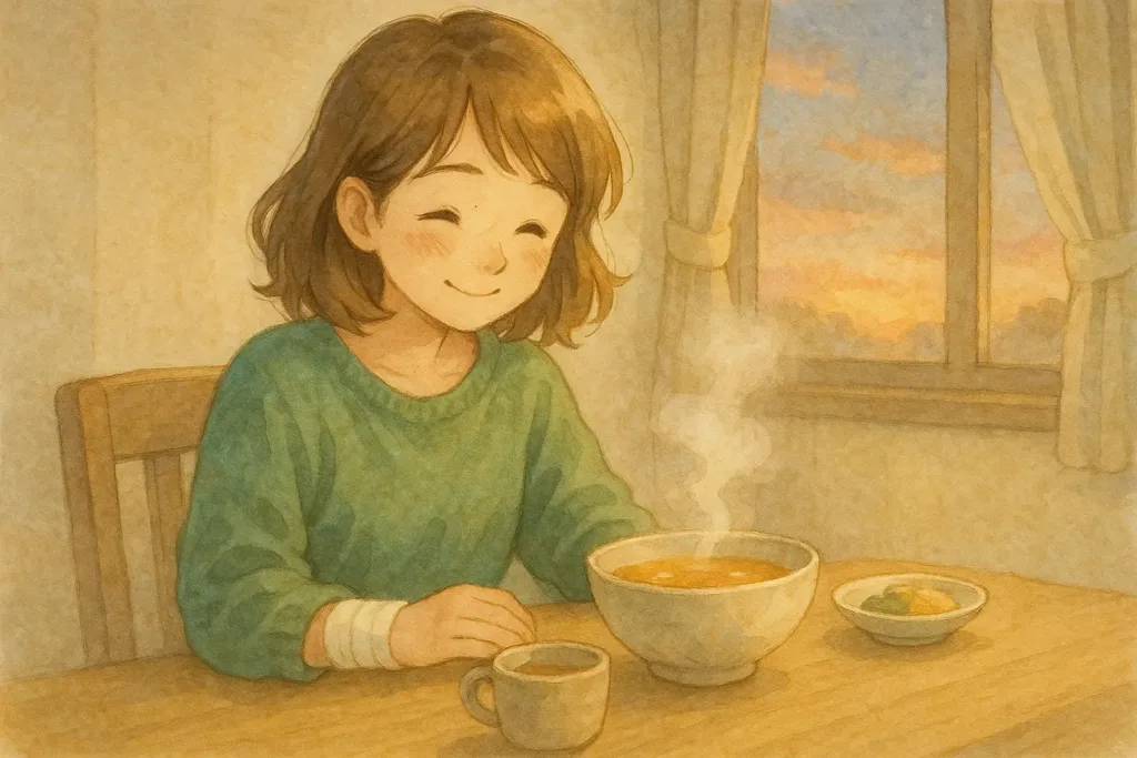 食卓に座って、あかりが “今日もできた” と小さく笑う
湯気の立つスープ
背景はほんのり夕暮れ
やさしい空を感じる色合い
