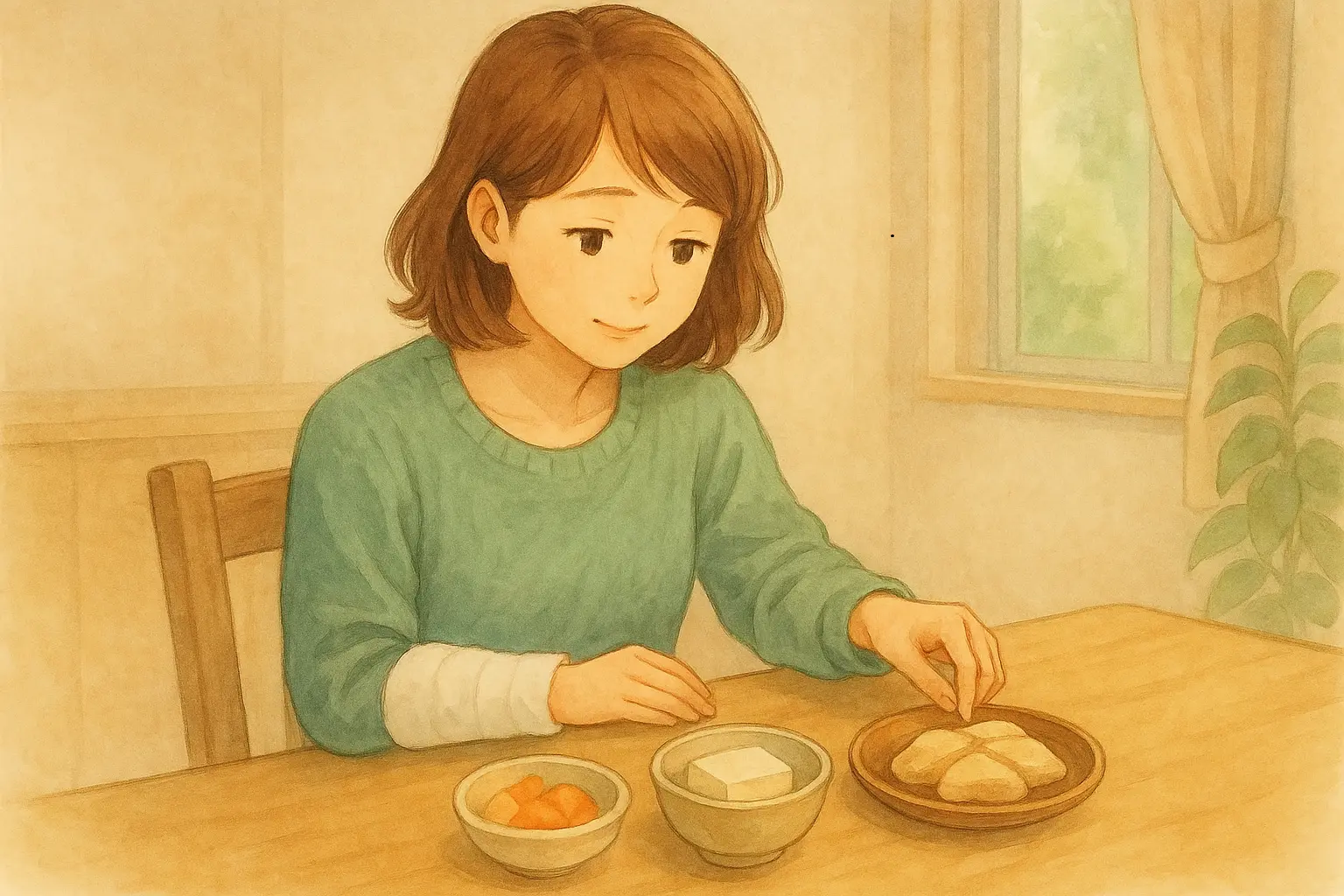 右手をギプスで固定したあかりが、片手で食べられる治癒食を前に、そっと安堵した表情を見せている watercolor 風のイラスト。