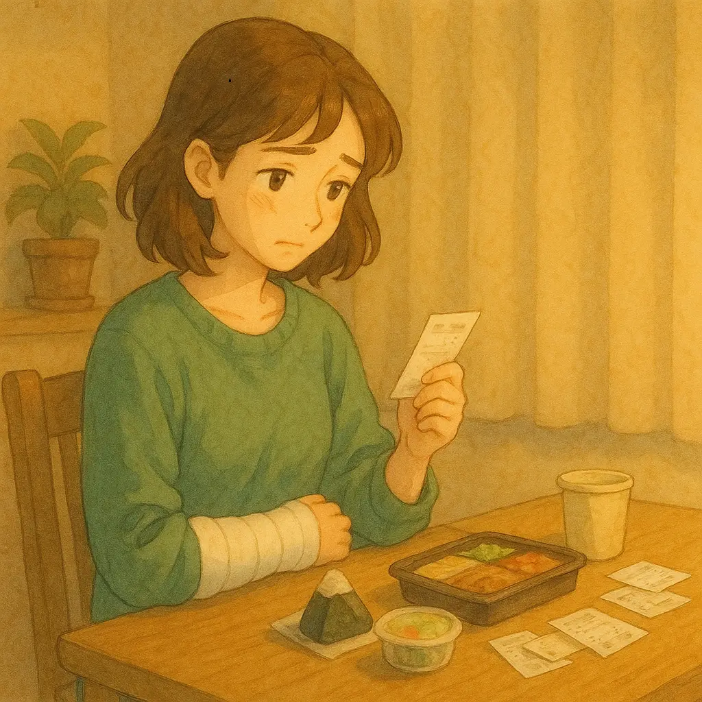 右手を包帯で固定したあかりが、コンビニ食とレシートを見つめながら支出と健康面を気にしている様子。