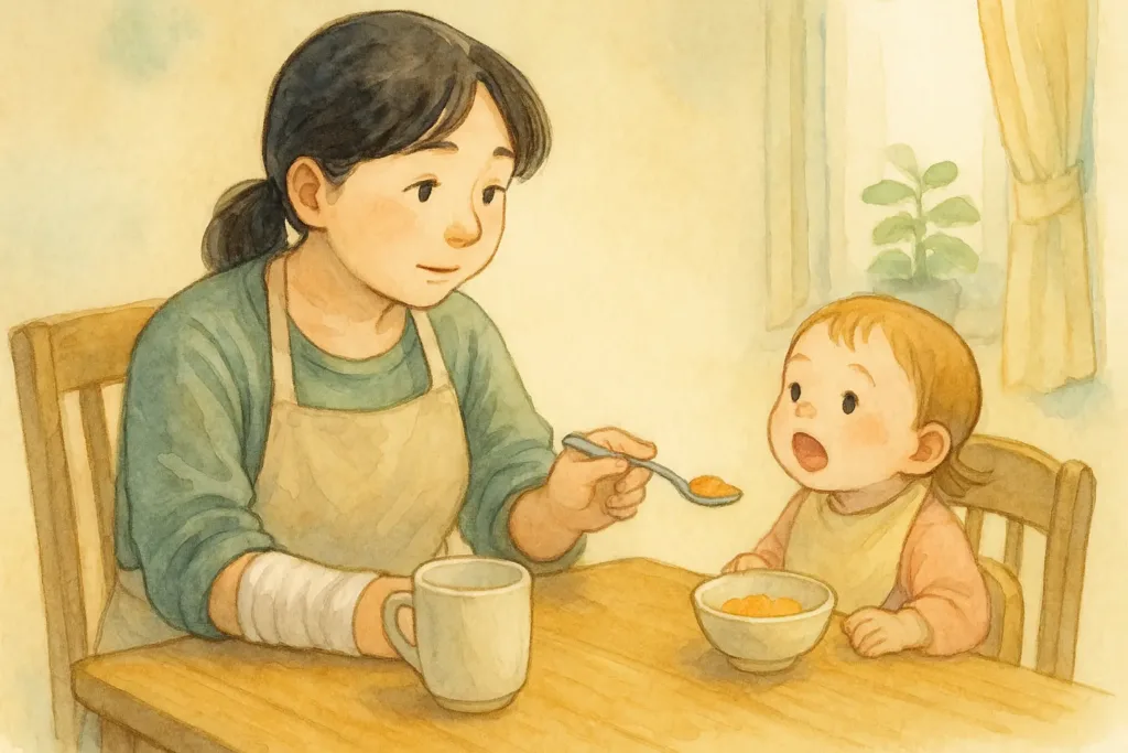 しおりが左手で子どもに離乳食を与えている。