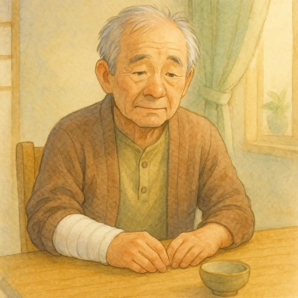 骨折した右手をそっと休まている。