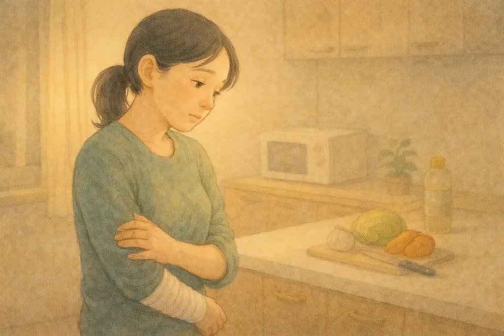 夕方のキッチンで立ち尽くす母親。食事の準備を前に、疲れと不安が入り混じる表情を浮かべている。