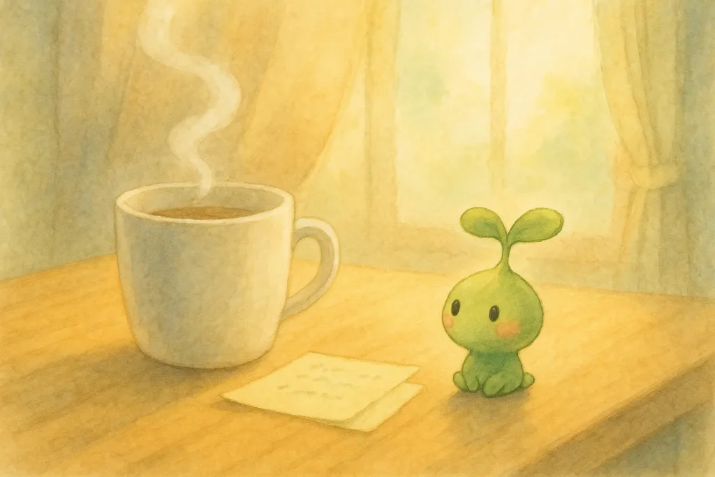 午後の光が差す机の上に、湯気の立つカップと小さなメモが置かれ、スプラウトぱせりんが静かにそれを見つめている水彩イラスト。やさしい休憩時間の雰囲気が描かれている。