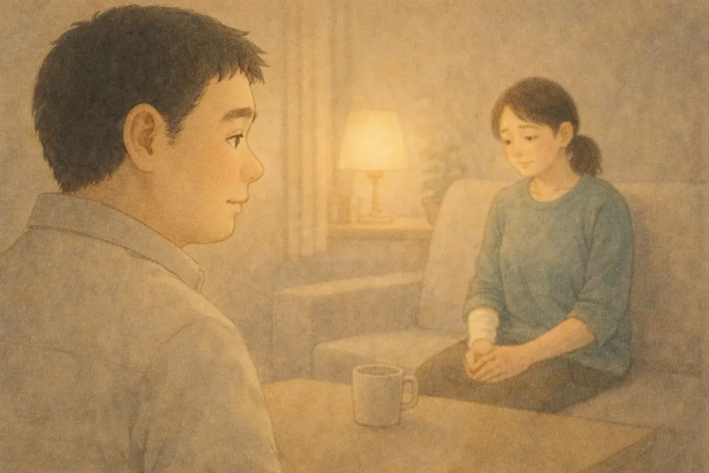 横顔のゆうたが静かに室内を見つめ、その奥でソファに座るしおりが小さく映る。何も言わず、そっと見守る夜のひととき。