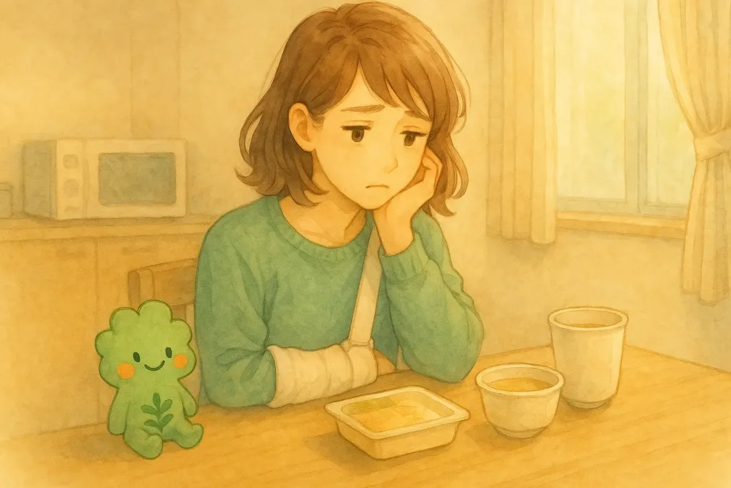 右手を完全固定したあかりが、朝の小さな食事を前にため息をつく様子。疲れていても、そばでぱせりんが見守っている場面。