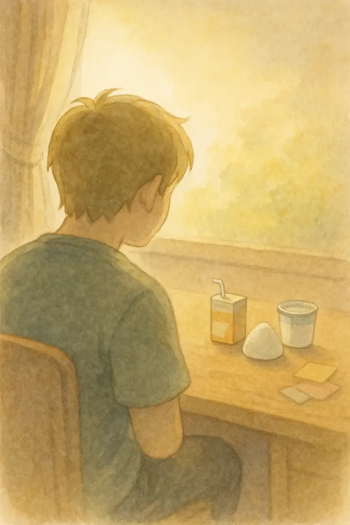 午後の柔らかな光の中、デスクの前で食事を前に悩む男性の後ろ姿。飲むスープ、ヨーグルト、おにぎりが並び、片手生活の“食べる気力が出ない”静かな時間が描かれている。