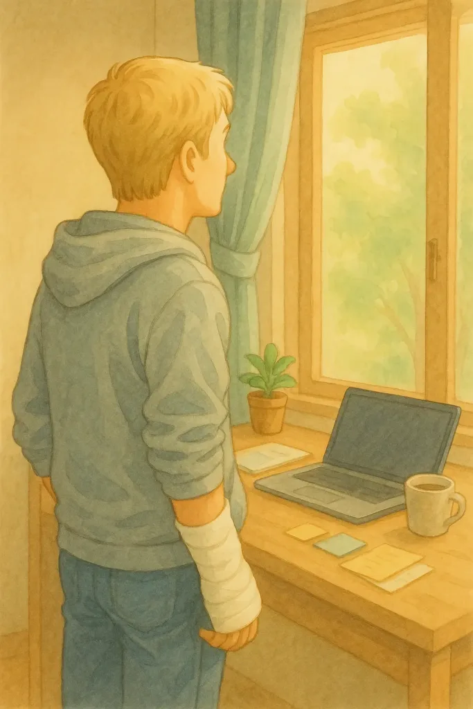 窓の前で静かに外を見つめるはるとの後ろ姿。右手は包帯で軽く固定され、体の反対側にそっと休ませている。デスクにはノートパソコンやコーヒー、メモ類が整えられ、午後の柔らかな光が部屋全体をあたたかく照らしている水彩イラスト。