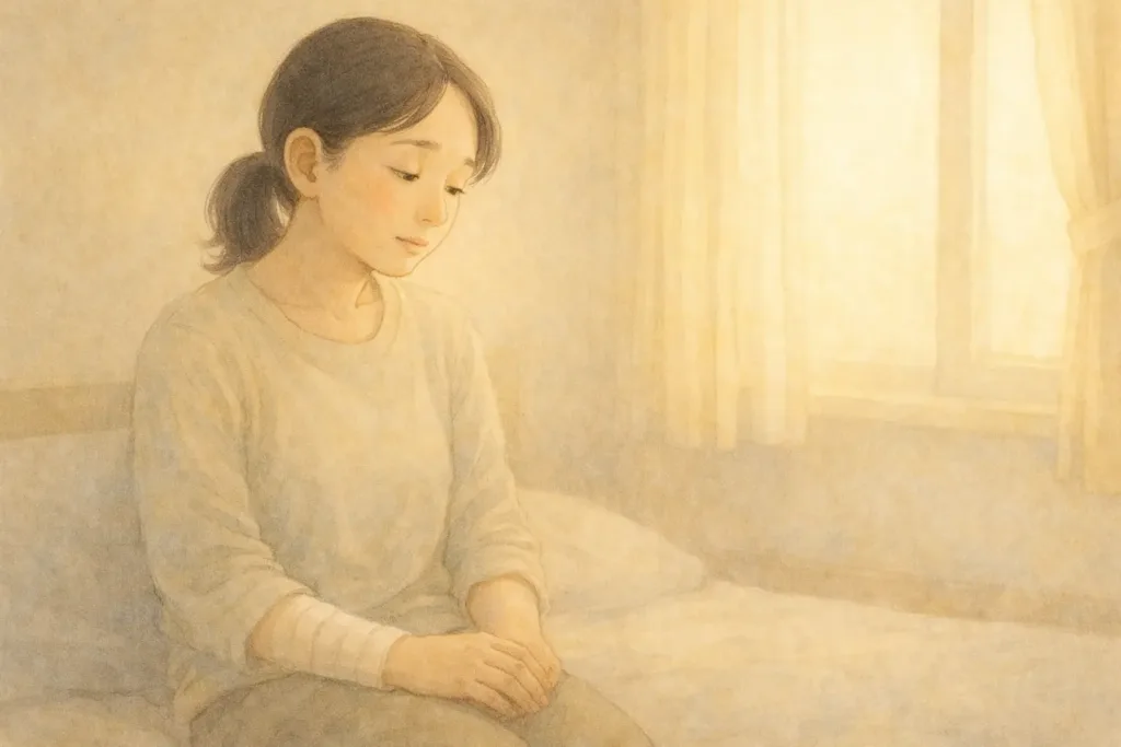 夕方のやわらかな光が差し込む部屋で、静かに座り込み、少し俯いた表情で考えごとをしている女性。
右手をかばうように膝の上に置き、無理をせず立ち止まる時間を過ごしている様子。