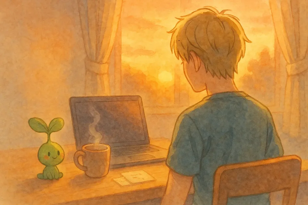 夕暮れのオレンジ色の光が差し込む部屋で、はるとがノートPCを閉じ、静かに外を見つめている後ろ姿。その横で、緑色のスプラウトぱせりんがちょこんと座り、湯気の立つマグカップとメモを前に、そっと寄り添うように見守っている様子を描いた水彩風イラスト。