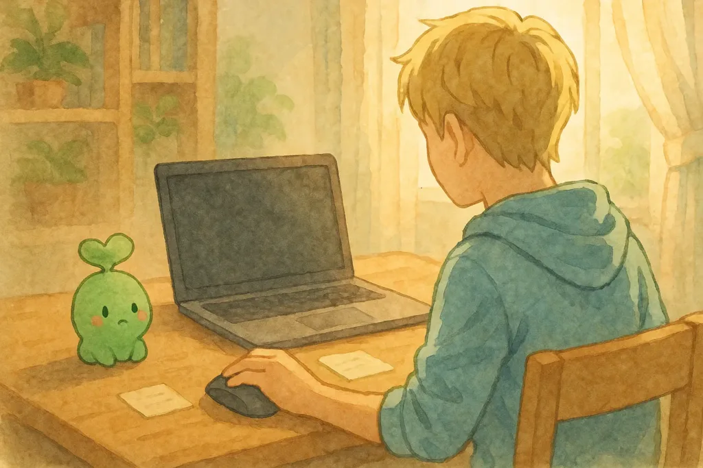 午後の光が差し込む部屋で、はるとが後ろ姿でノートPCに向かい、左手だけでマウスを操作している。机の右側には小さな緑のキャラクターが心配そうに座り、静かな作業の時間を見守っている水彩タッチのイラスト。