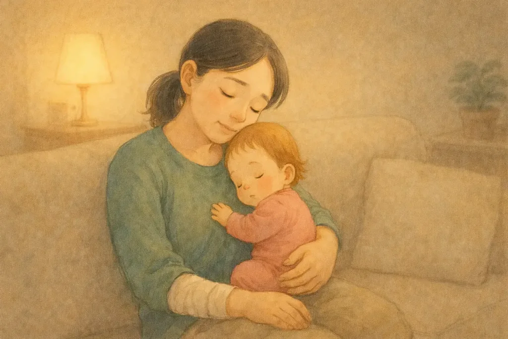 右手を骨折した母親が、夕方の部屋で赤ちゃんを抱きながら静かに座っている様子。疲れた表情の中に安心感があり、ワンオペ育児の一日の終わりを感じさせるイラスト。