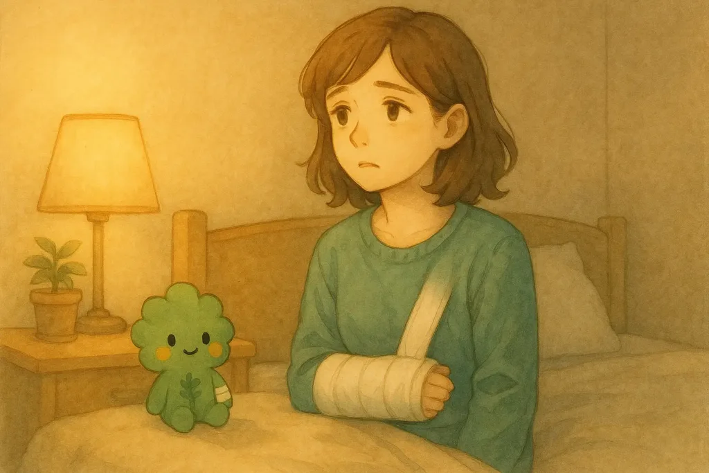 右手を骨折してスリングで固定したあかりが、夜のベッドでぼんやりと座っている。枕元のあたたかな灯りと、心配そうに寄り添うぱせりんの姿が描かれた静かな水彩イラスト。