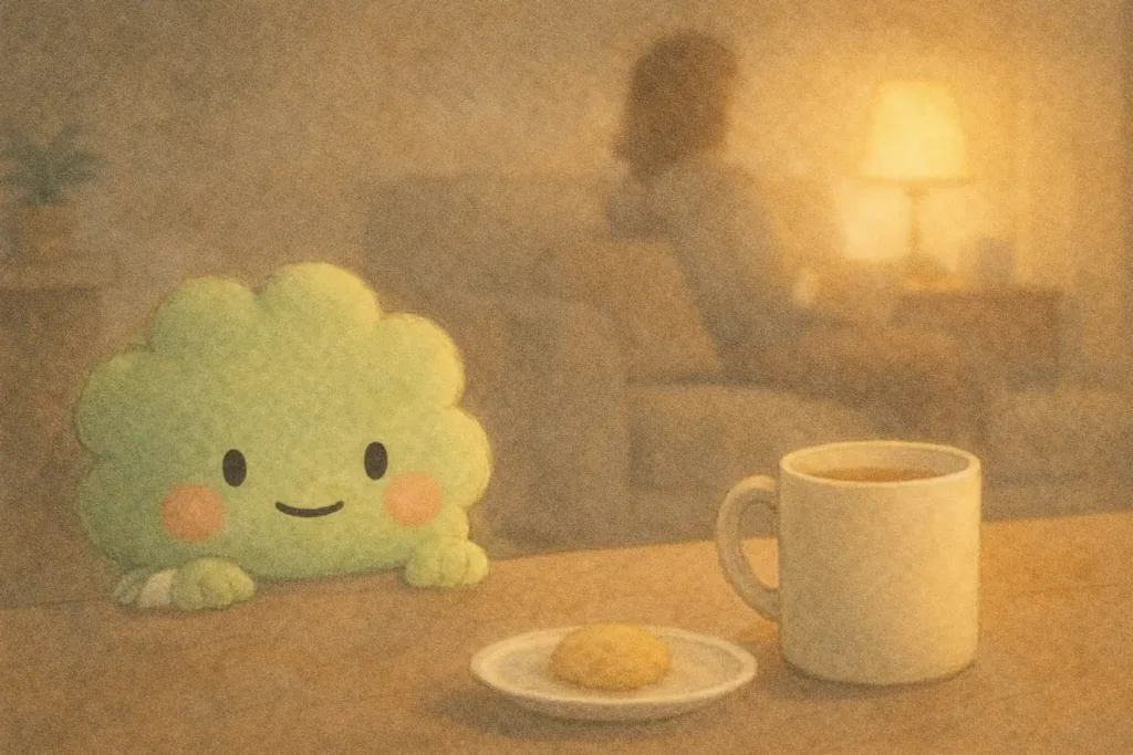 テーブルの上に置かれた温かい飲み物のそばで、そっと見守るように佇む、やさしい表情のぱせりん。夕方のやわらかな光に包まれている。