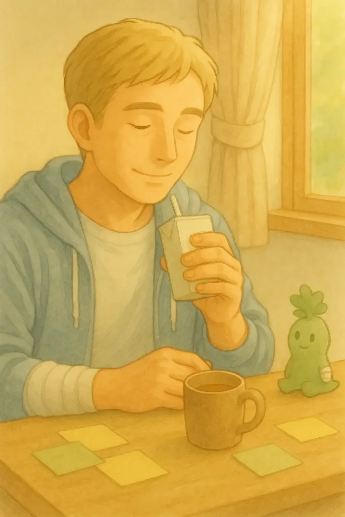 午後のやわらかな光の中、在宅デスクで左手だけで飲むヨーグルトをそっと持ち上げるはると。右手は包帯で休ませながら、ふっと力が抜けたような穏やかな表情を浮かべている。机の端では、小さく座ったスプラウトぱせりんが静かに見守っている水彩イラスト。