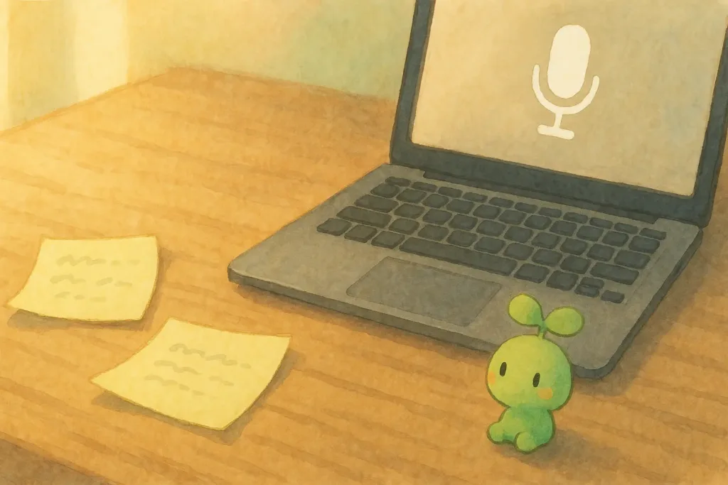 音声入力アイコンの表示されたノートPCの横に、付箋メモと若葉色のスプラウトぱせりんが並び、光の中で作業を見守っている水彩イラスト。