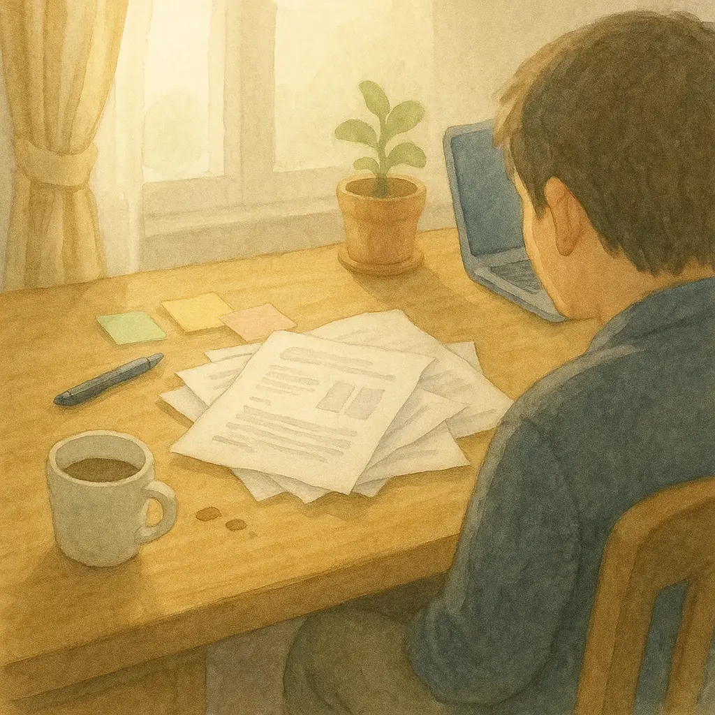 散らばった資料を前に、在宅ワーク中の男性の後ろ姿が静かに描かれたイラスト。デスクにはメモやパソコンがあり、わずかなコーヒーのしずくが焦りをそっと示している。