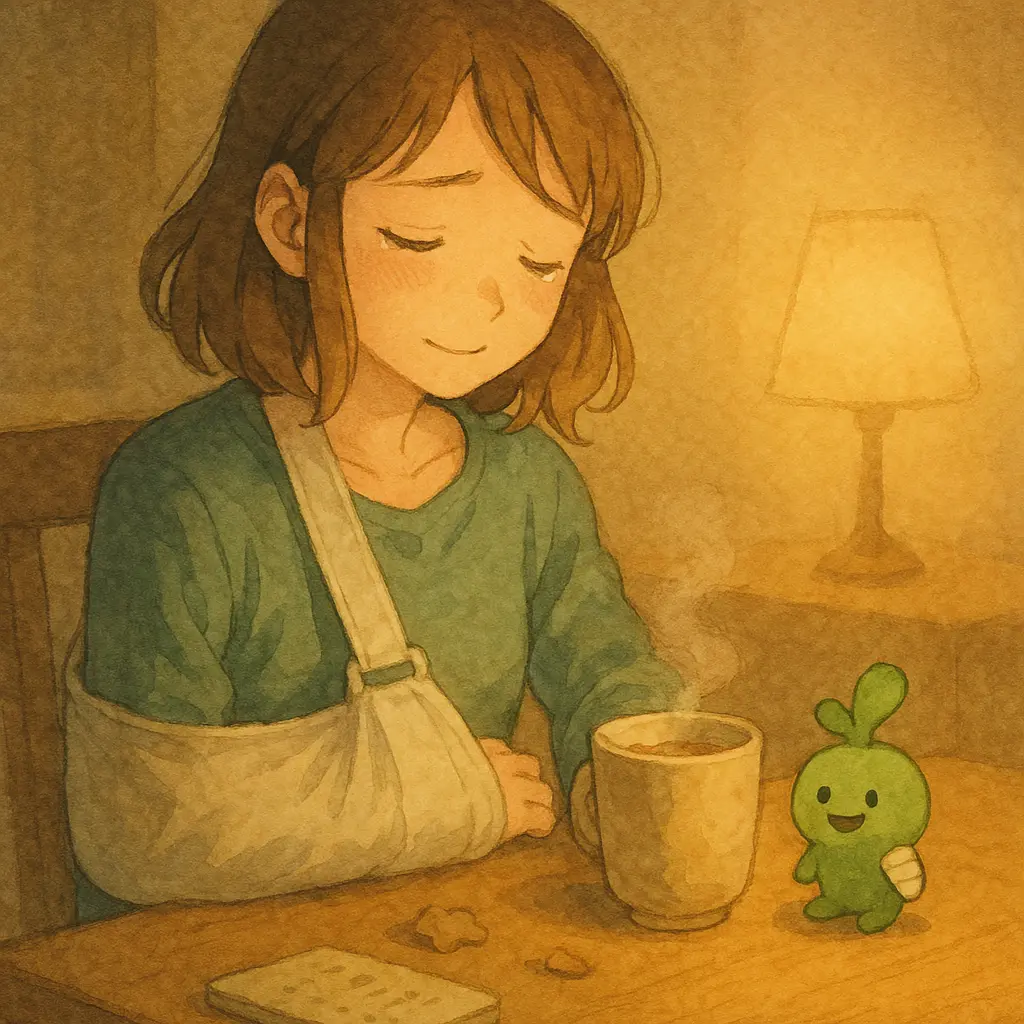 右腕を吊ったまま、あかりが温かい飲みものをテーブルに置き、涙をこらえながらほっと微笑んでいる。横には右腕に包帯を巻いたぱせりんが、やさしく励ますように寄り添っている。暖色のランプが柔らかく照らす夜の静かなシーン。
