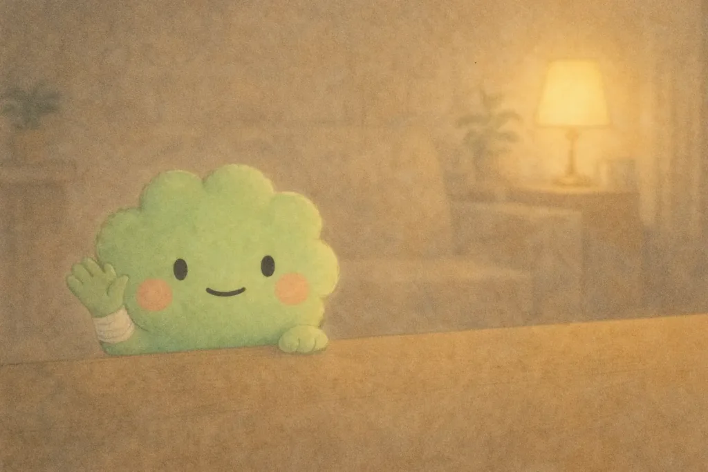 夕暮れの部屋で、やさしい表情のぱせりんが小さく手を振っている。
 テーブル越しに見えるその姿は、そっと「おつかれさま」と伝えるようで、あたたかな灯りに包まれている。