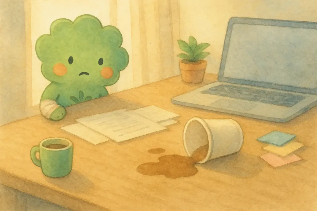 木のデスクに置かれた紙カップから、コーヒーがこぼれた様子を、心配そうに見守る包帯を巻いたぱせりんのやさしいイラスト。