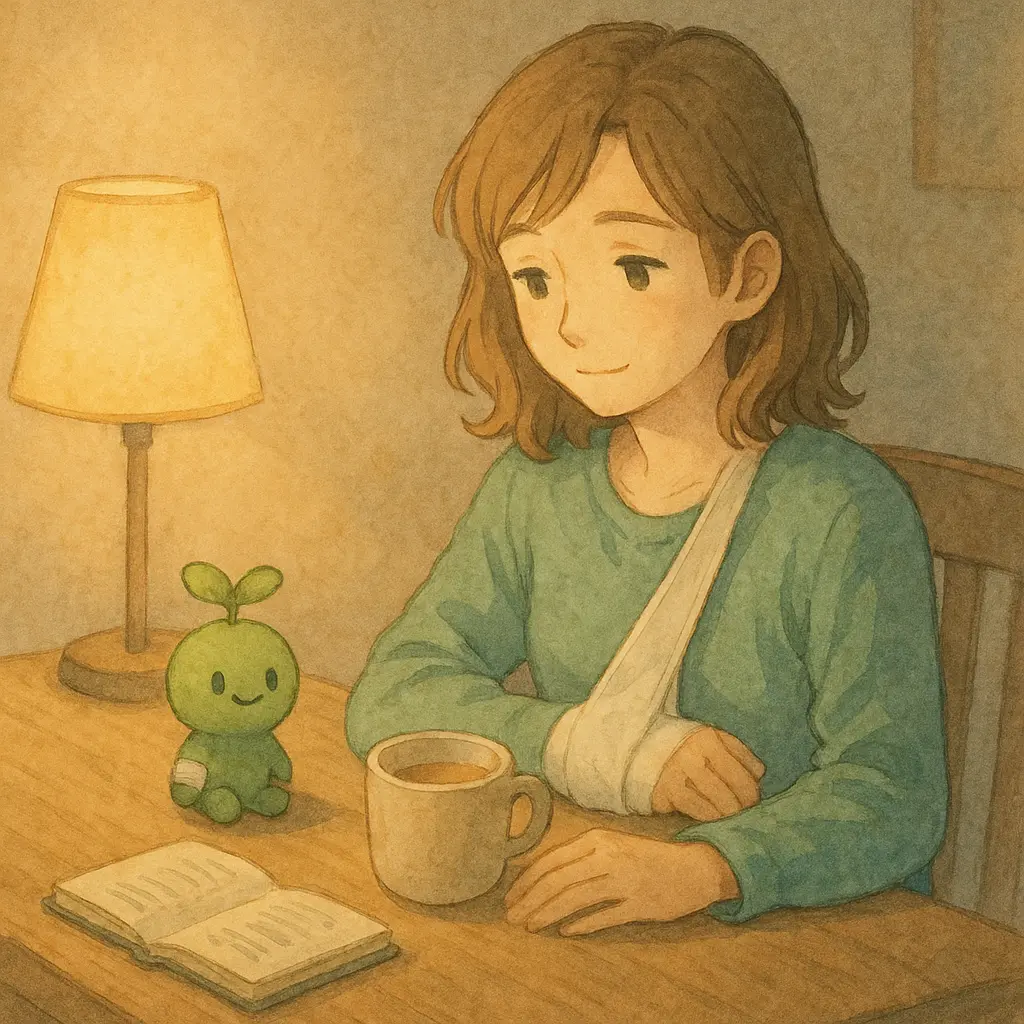 夜のデスクで、右手をスリングで固定したあかりが温かい飲み物と小さなノートを前に静かに座り、スプラウトぱせりんが寄り添っている水彩イラスト。