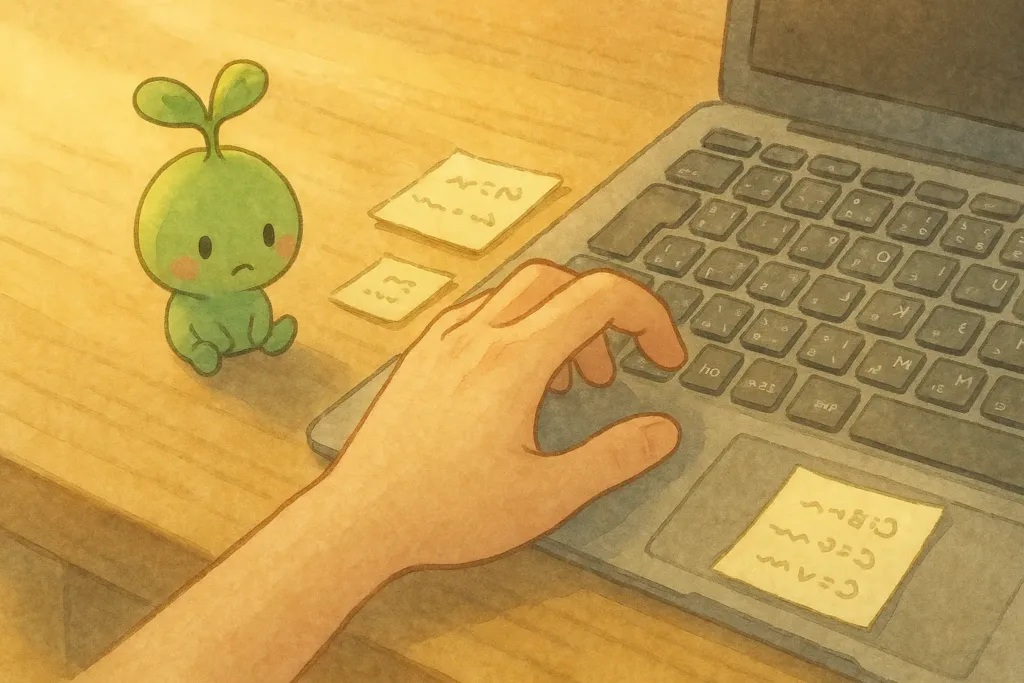 左手だけでキーボードを押そうとして、指が宙で止まっている様子。机の端ではスプラウトぱせりんが心配そうにその指先を見つめている。午後の光が差し込む静かな机の上の水彩イラスト。