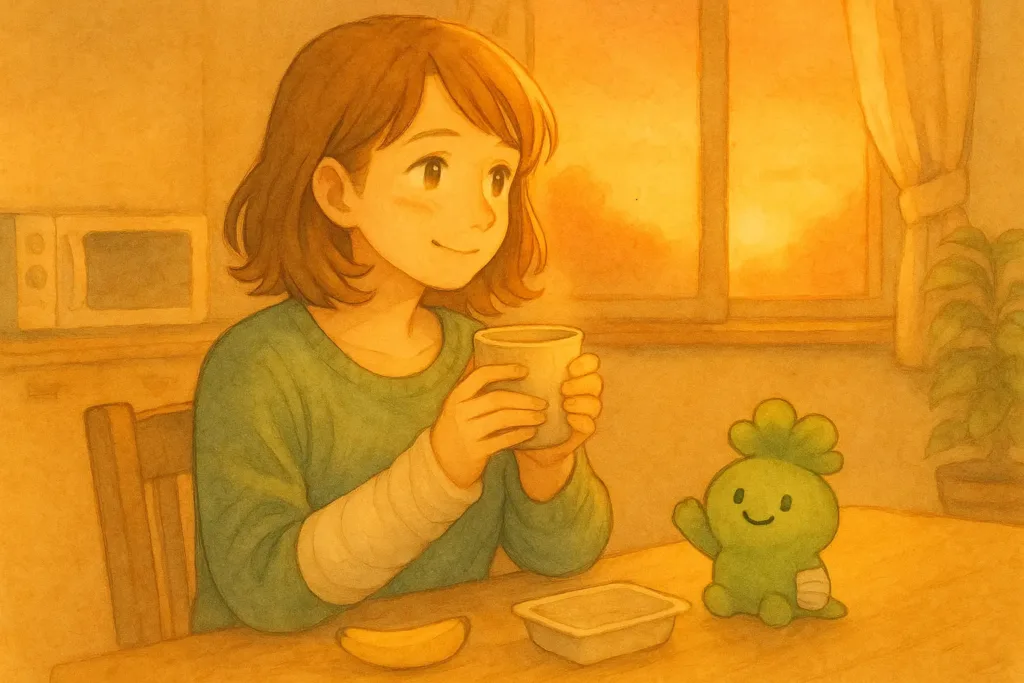 右手をギプスで固定したあかりが、夕暮れの光に包まれながら左手で温かい飲み物をそっと持ち、今日を乗り越えた安どの表情を浮かべている様子。隣ではぱせりんがやさしく寄り添っている。