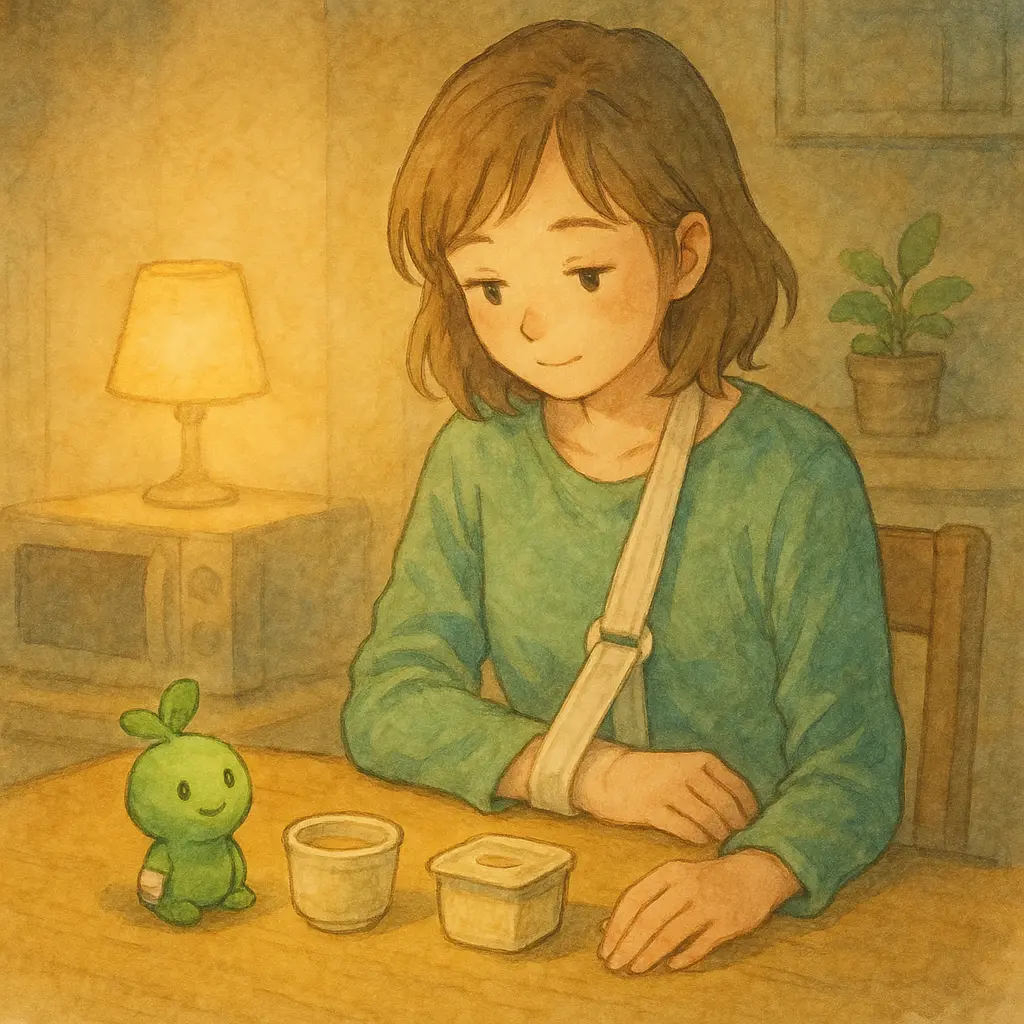 右手をスリングで固定したあかりが、夜のキッチンテーブルで少量のスープとおかゆ、デザートを前に座り、となりのぱせりんを見つめながら少しほっとしている水彩イラスト。