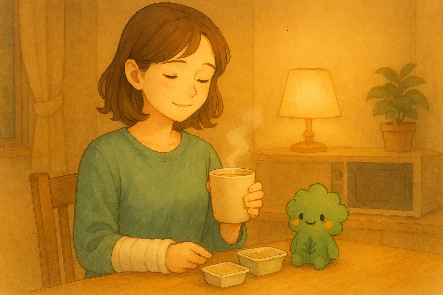 右手を骨折しているあかりが、左手だけで温かいスープをそっと持ち上げる夜のキッチン。やさしい灯りと少量のつなぎごはん、ぱせりんが寄り添う様子。