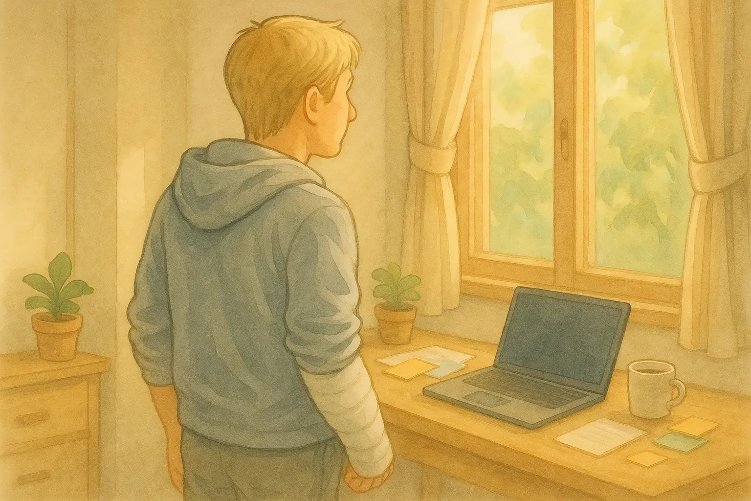 窓の前で静かに外を見つめるはるとの後ろ姿。右手は包帯で軽く固定され、体の反対側にそっと休ませている。デスクにはノートパソコンやコーヒー、メモ類が整えられ、午後の柔らかな光が部屋全体をあたたかく照らしている水彩イラスト。