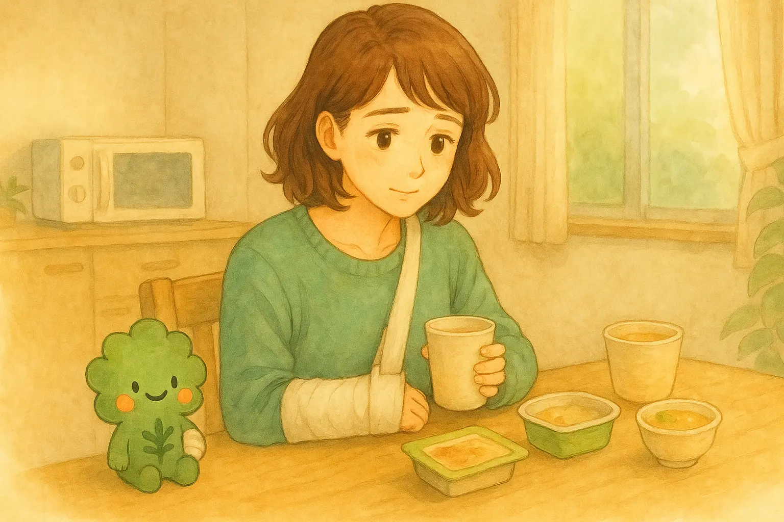 右手をギプスで固定したあかりが、小さな食事を前にして気力の出ない表情で座っている様子。左手だけで何とか食べようとしているシーンを、ぱせりんが静かに見守っている。