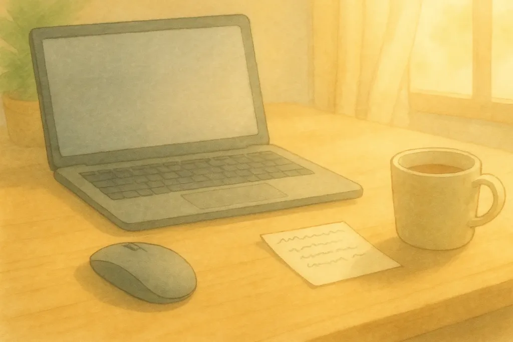 午後の光が差し込む在宅ワークの机。開いたノートPCと無線マウス、手書きメモ、温かい飲み物のカップが静かに置かれている。水彩タッチの柔らかな雰囲気のイラスト。