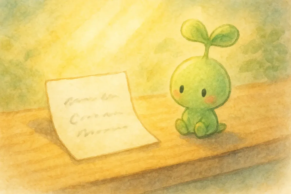 午後の光に照らされた木の机の端で、少し曲がったショートカットメモの横に、スプラウトぱせりんがちょこんと座り、やさしく見守っている水彩イラスト。