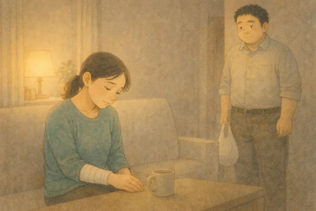 夕方のリビングで、疲れた様子の母親がソファに座り、少し離れた場所から夫が静かに見守っている。言葉は交わさず、同じ空間でそっと寄り添う二人の姿。