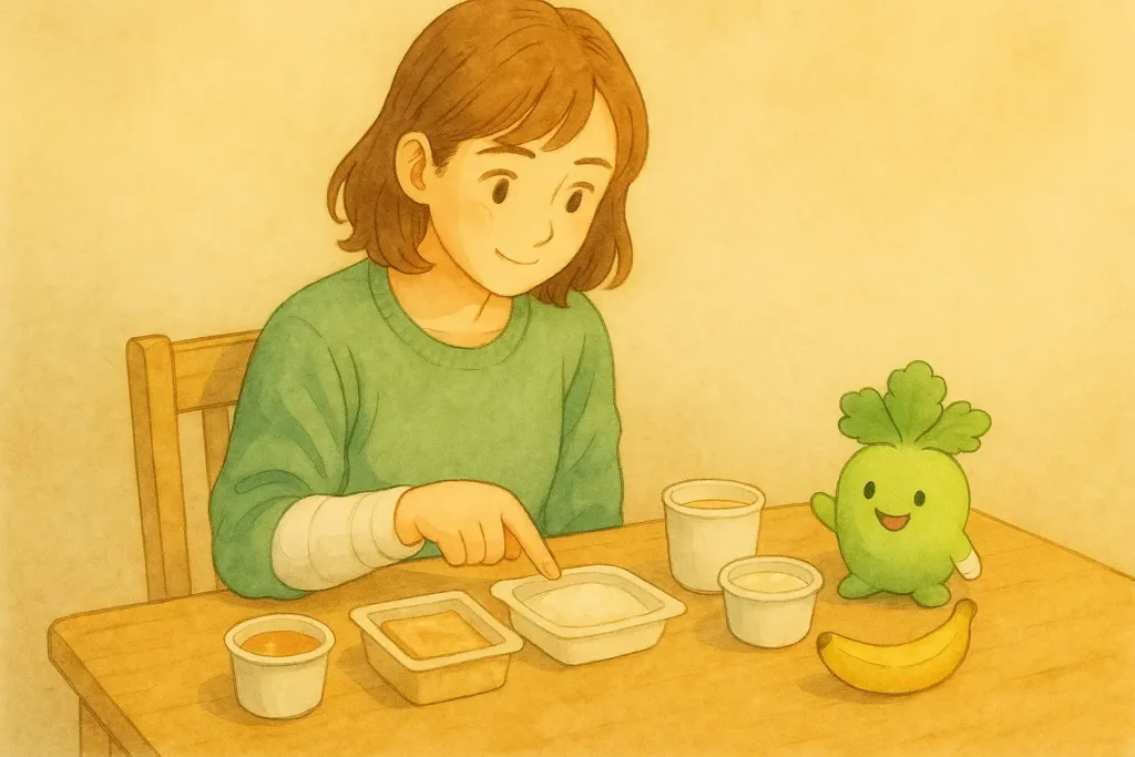 右手をギプスで固定したあかりが、その包帯の手でテーブル上の簡単な食事をおそるおそる指さして選んでいる様子。左手はそっと添えるだけで、手前ではぱせりんが見守っている。