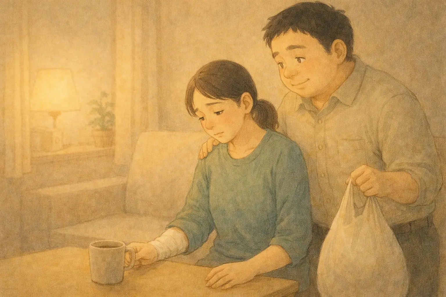 夕方、疲れた表情で座る母親と、そっと寄り添う夫。 料理ができなかった夜、静かな安心に包まれるひととき。