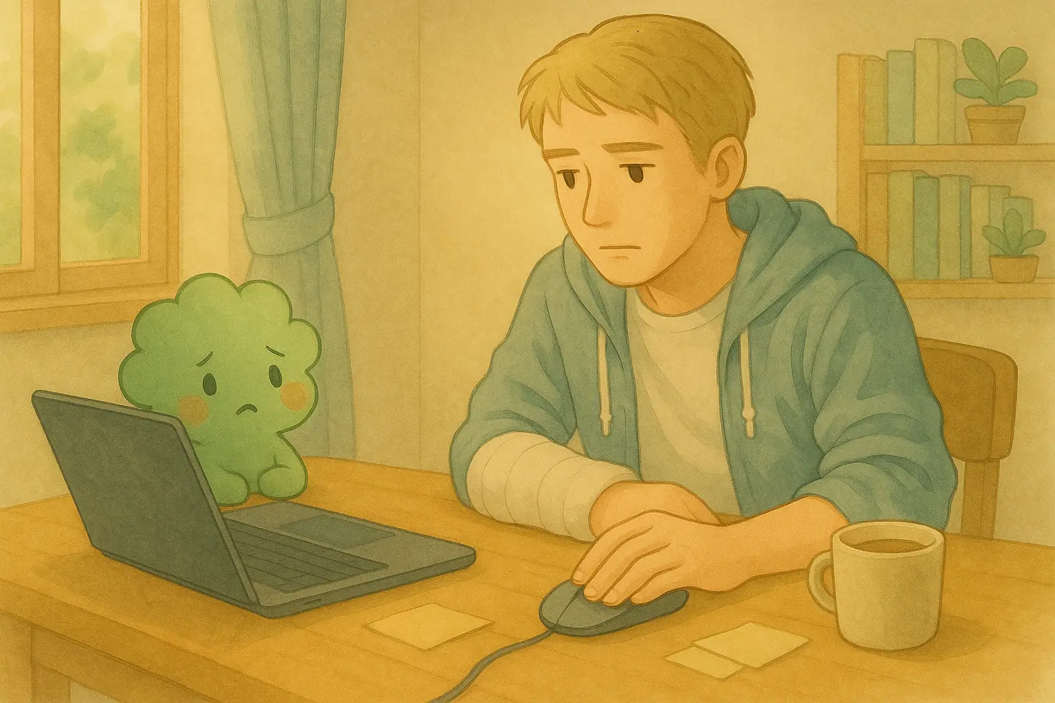 利き手を骨折したはるとが、左手だけでマウスを操作しながら在宅ワークをしている様子。右腕には包帯が巻かれ、テーブル奥では心配そうな顔のぱせりんが見守っている。午後の自然光が差し込む静かな部屋のイラスト。