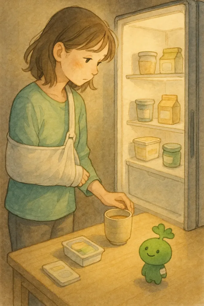 夜のキッチンで、右手をスリングで固定したあかりが冷蔵庫を開け、小さなつなぎごはんとカップを前に少し不安そうに見つめている。足元ではスプラウトぱせりんが包帯姿で寄り添っている水彩イラスト。