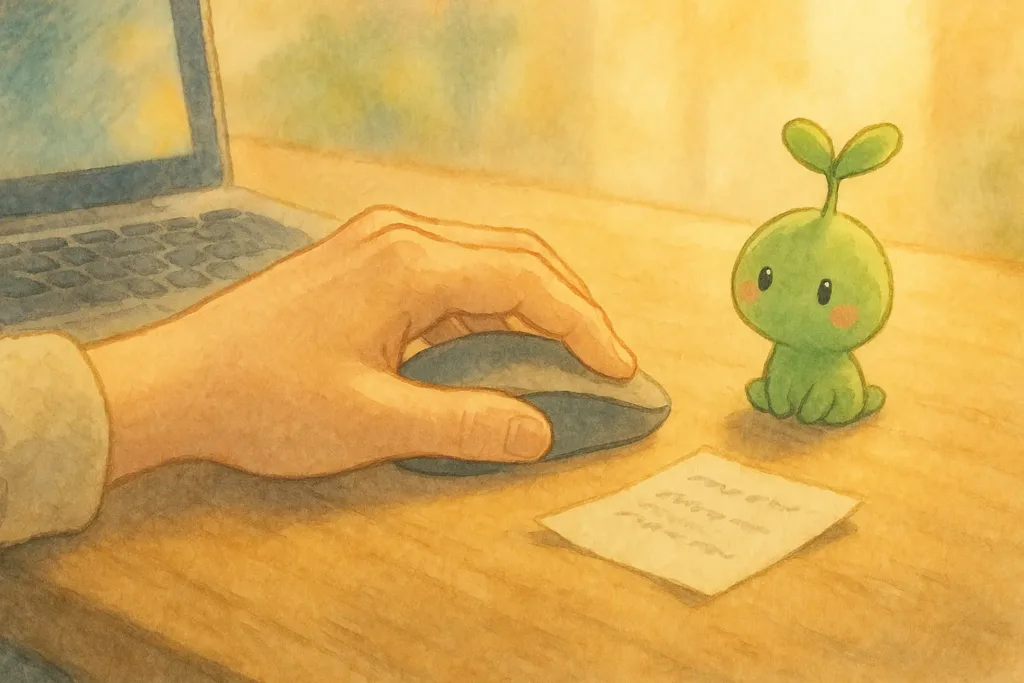 午後の光が差し込む机の上で、健康な左手が無線マウスをそっと操作し、横でスプラウトぱせりんが応援するように見つめている水彩イラスト。