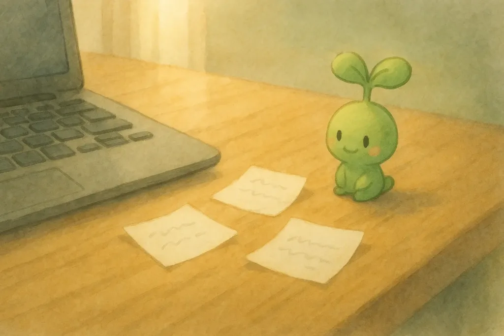 午後の光が差し込む木の机の上に、曲がったショートカットメモとノートPCの端が置かれ、若葉色のスプラウトぱせりんが静かに見守っている様子の水彩イラスト。