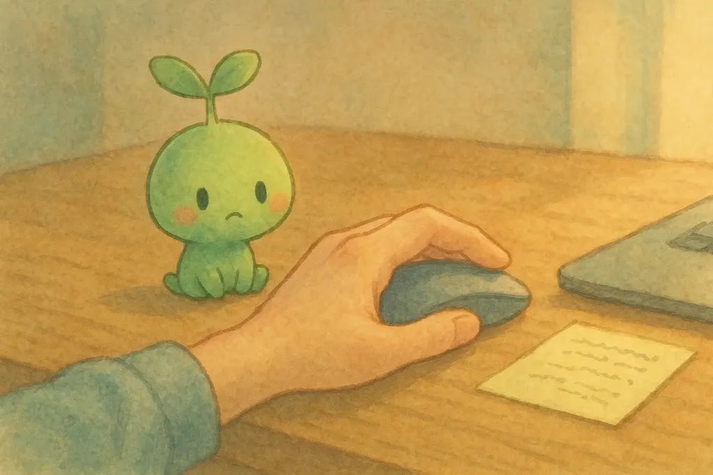 午後の光が差し込む机の上で、はるとの左手がマウスの上でそっと止まっている。そのすぐそばで、小さなスプラウトぱせりんが心配そうに指先を見つめて寄り添っている水彩タッチのイラスト。